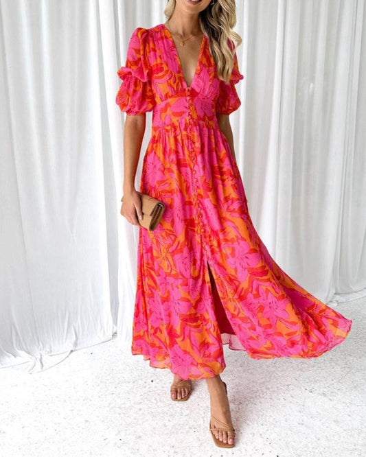 ByMoire. Elegante V-hals Maxi jurk met pofmouwen