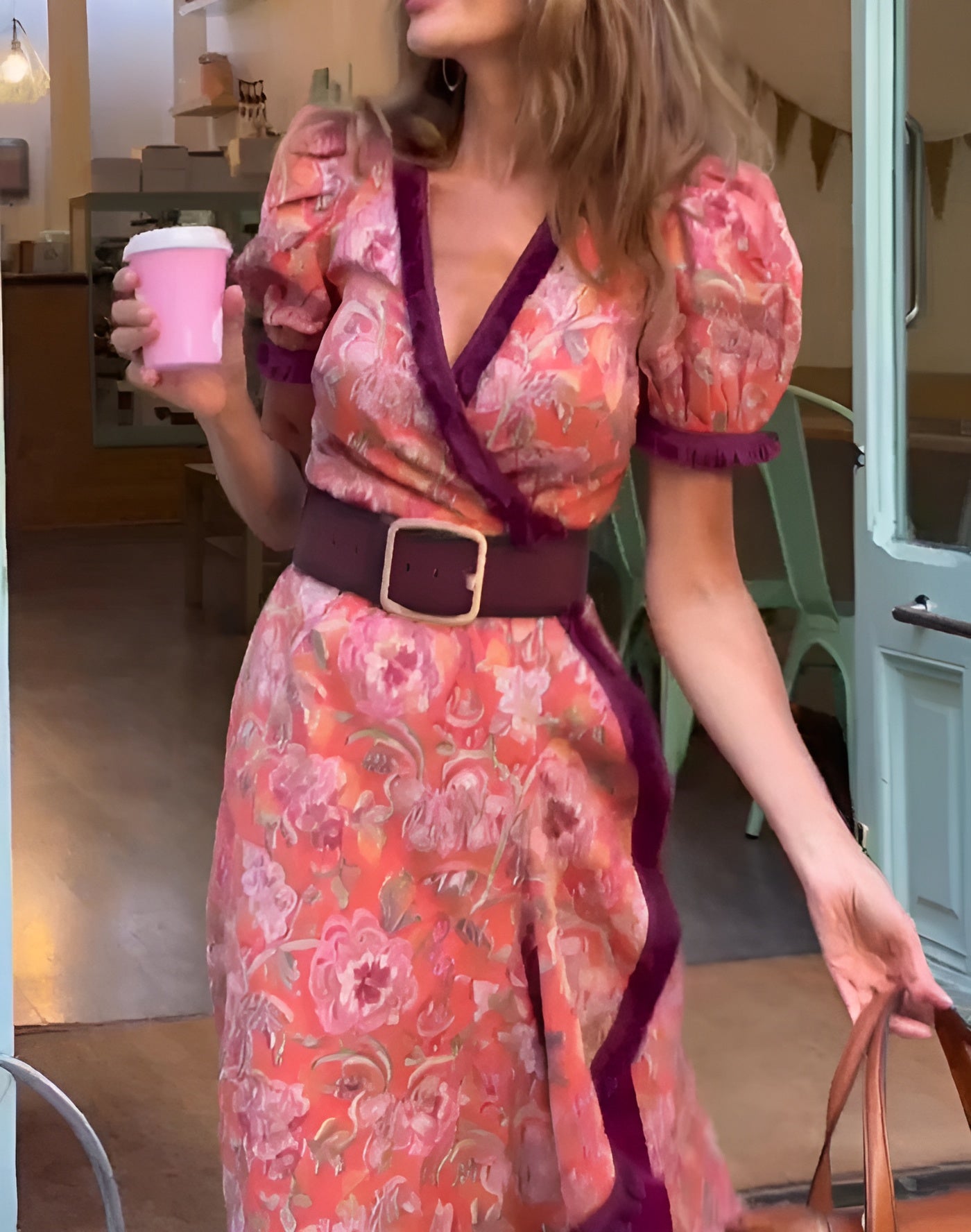 ByMoire. Elegante Roze Maxi Dress met Korte Mouwen