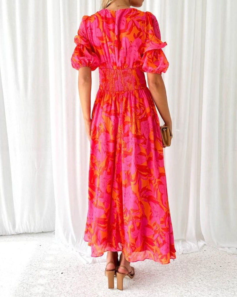 ByMoire. Elegante V-hals Maxi jurk met pofmouwen